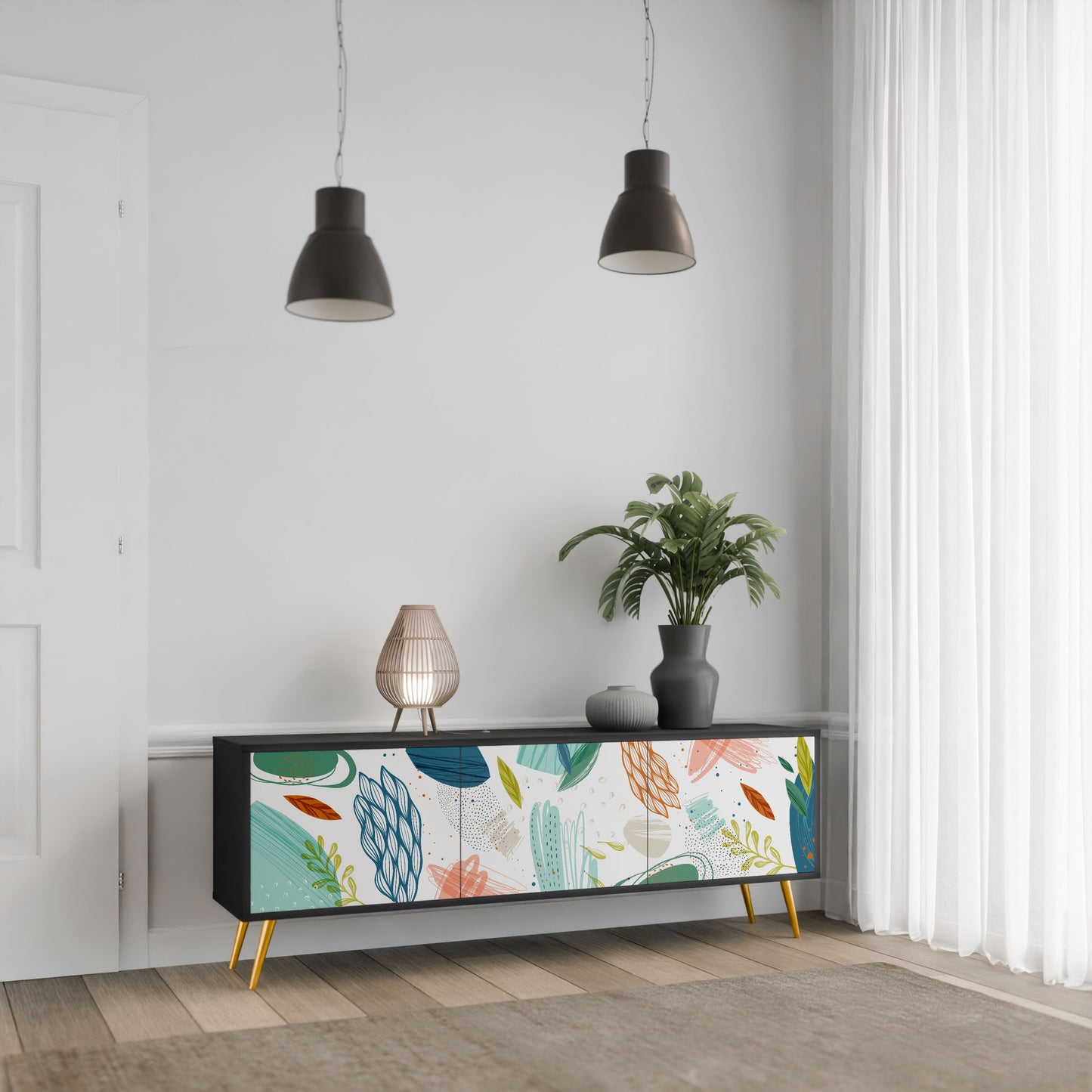 BOTANICAL HURRICANE 3-Door TV Stand in Black Finish