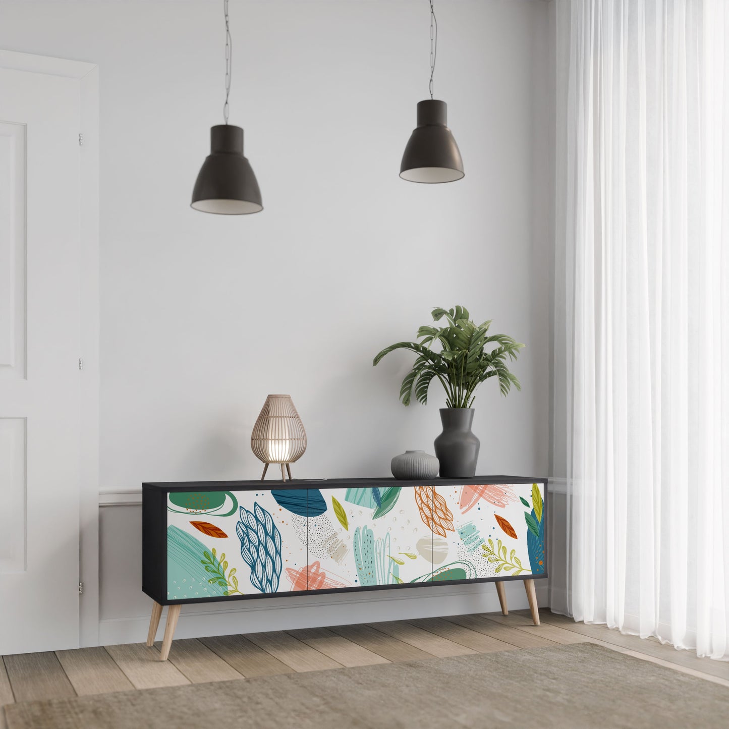 BOTANICAL HURRICANE 3-Door TV Stand in Black Finish
