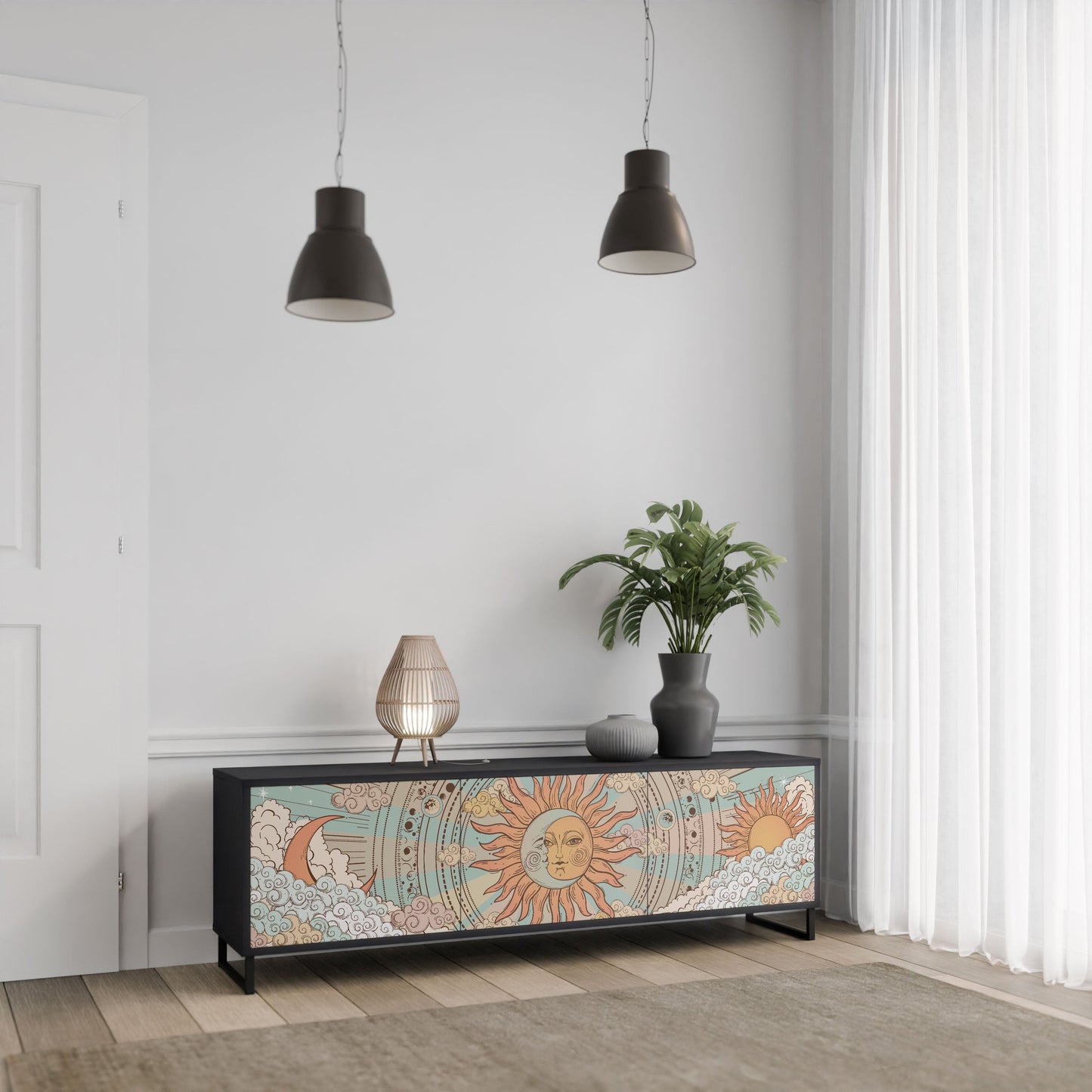 MYSTICAL STRUCTURE 3-Door TV Stand in Black Finish