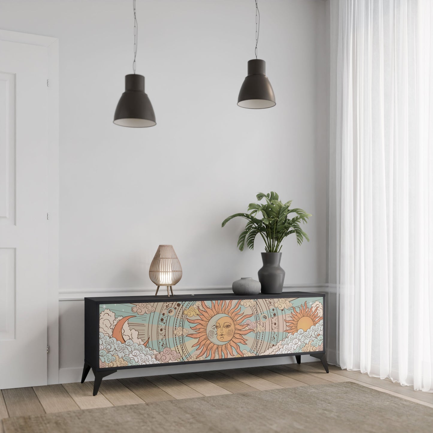 MYSTICAL STRUCTURE 3-Door TV Stand in Black Finish