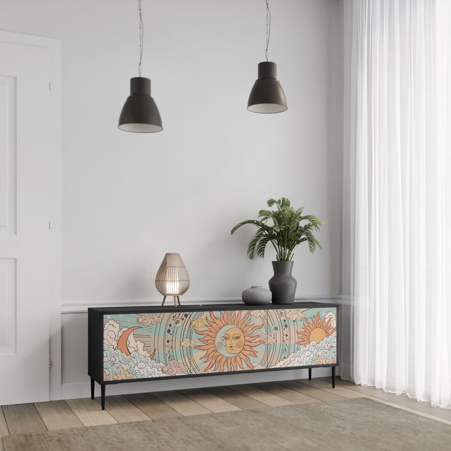 MYSTICAL STRUCTURE 3-Door TV Stand in Black Finish