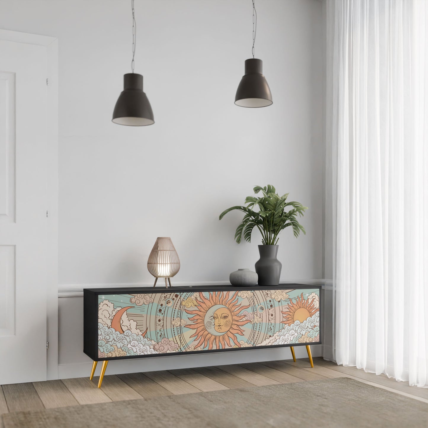 MYSTICAL STRUCTURE 3-Door TV Stand in Black Finish