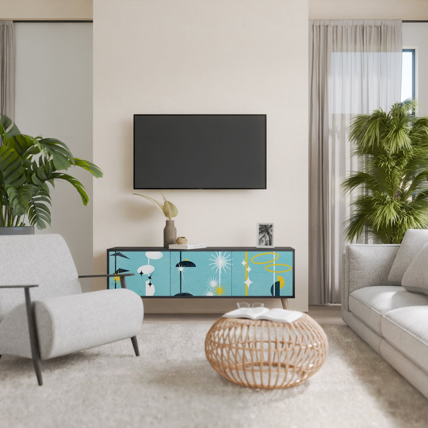 PATHS TO HAPPINESS 3-Door TV Stand in Black Finish