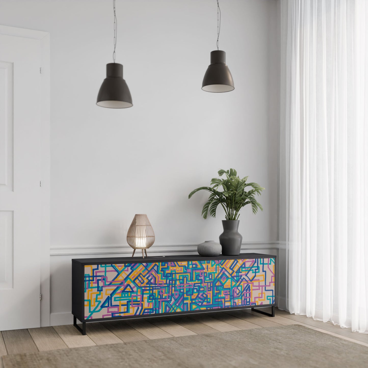 MEMORIES MAP 3-Door TV Stand in Black Finish