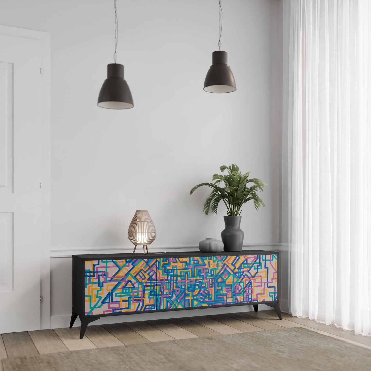 MEMORIES MAP 3-Door TV Stand in Black Finish