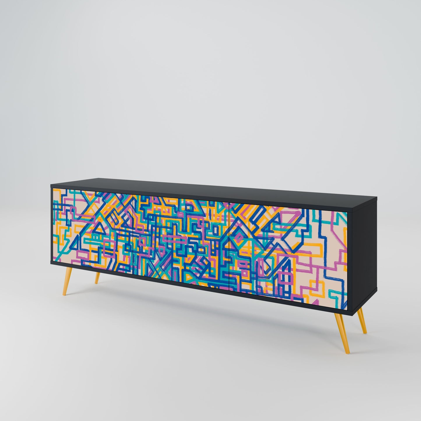 MEMORIES MAP 3-Door TV Stand in Black Finish