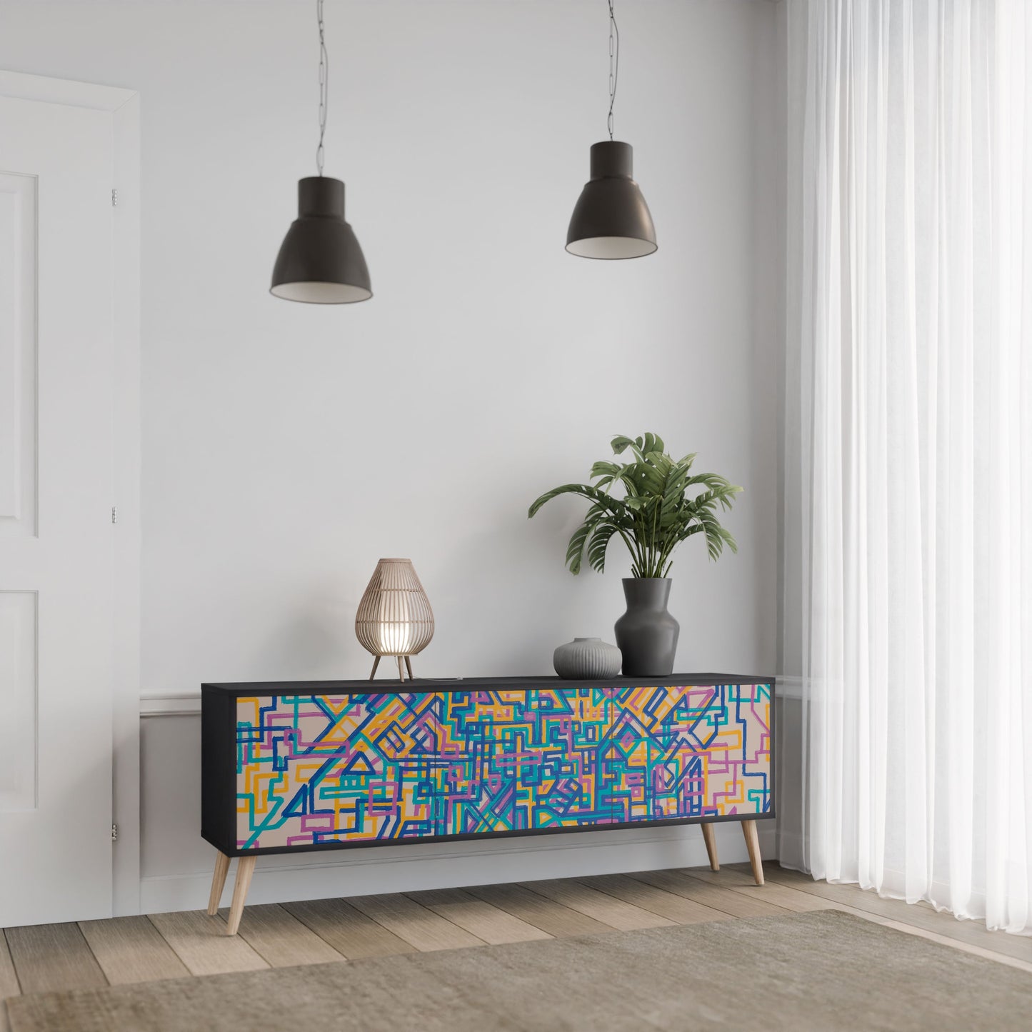 MEMORIES MAP 3-Door TV Stand in Black Finish