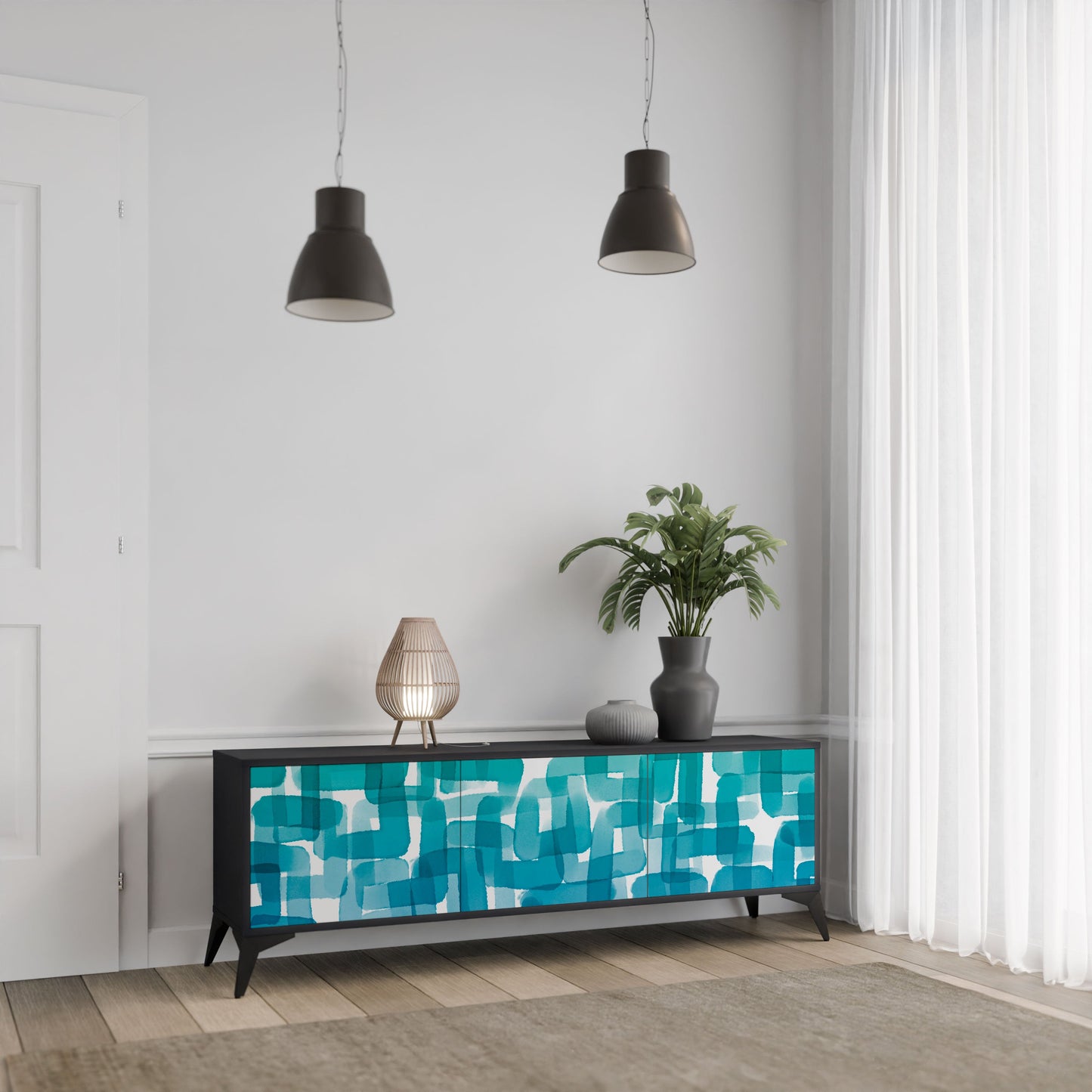 TURQUOISE RECTANGLES 3-Door TV Stand in Black Finish