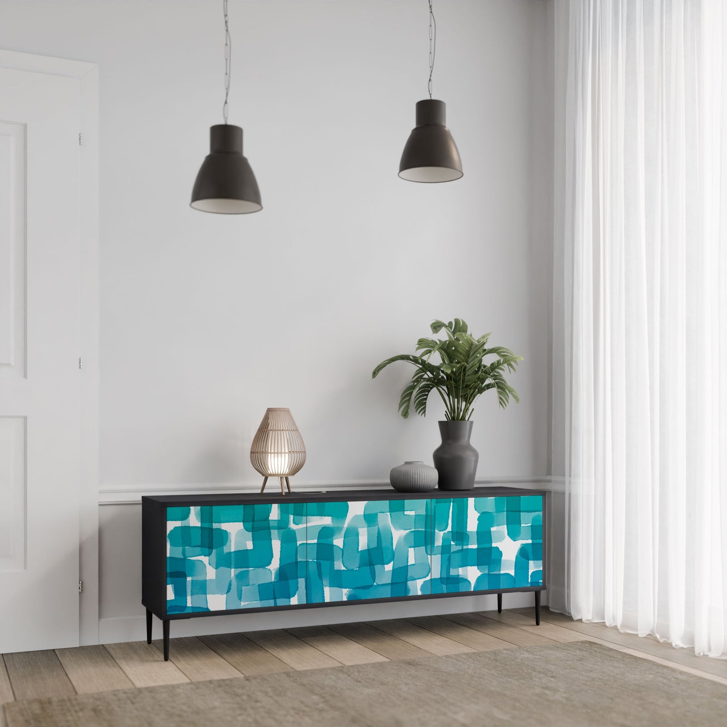 TURQUOISE RECTANGLES 3-Door TV Stand in Black Finish