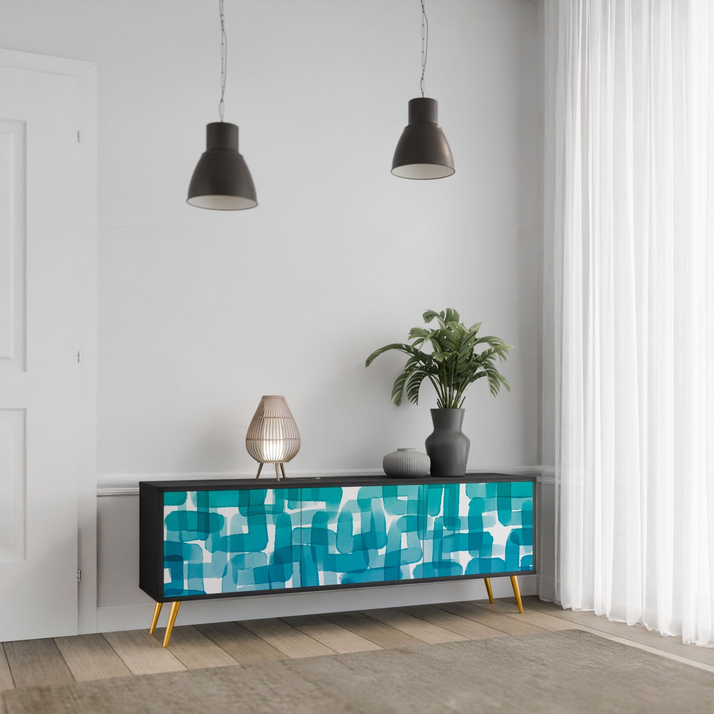 TURQUOISE RECTANGLES 3-Door TV Stand in Black Finish