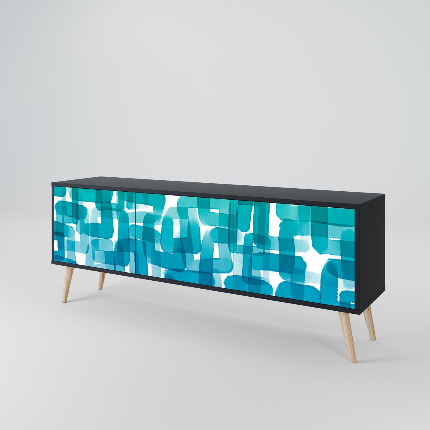 TURQUOISE RECTANGLES 3-Door TV Stand in Black Finish