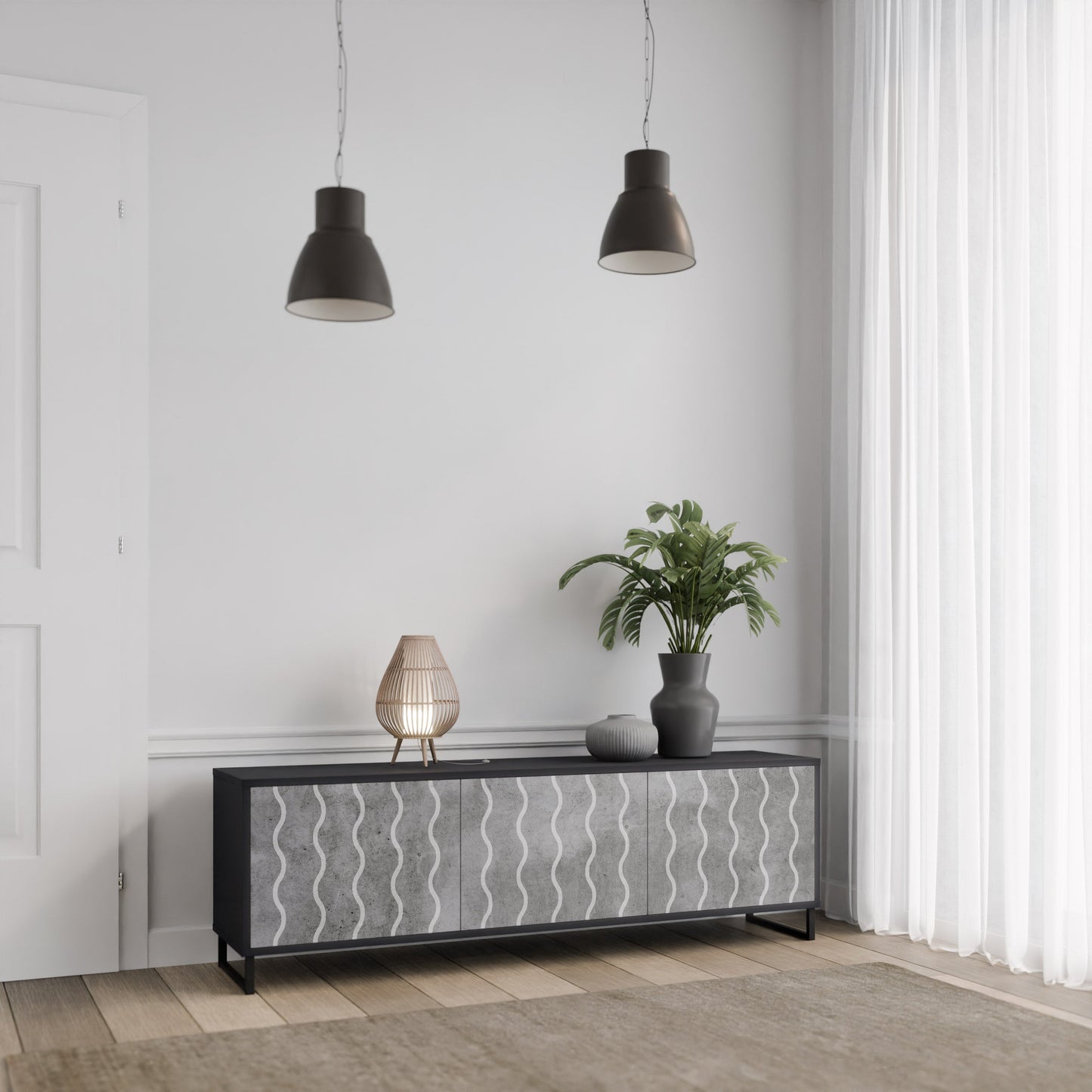 WAVES OF CONCRETE 3-Door TV Stand in Black Finish
