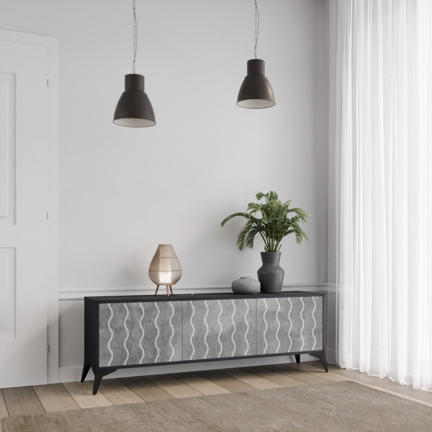 WAVES OF CONCRETE 3-Door TV Stand in Black Finish