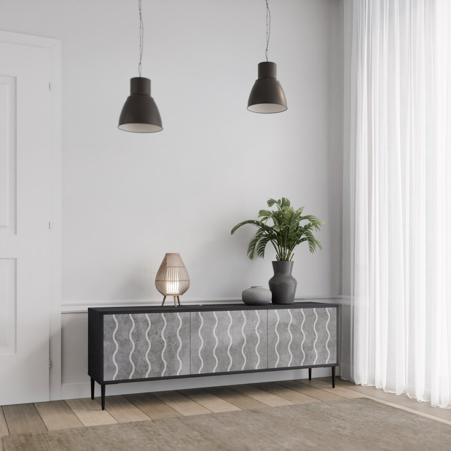 WAVES OF CONCRETE 3-Door TV Stand in Black Finish