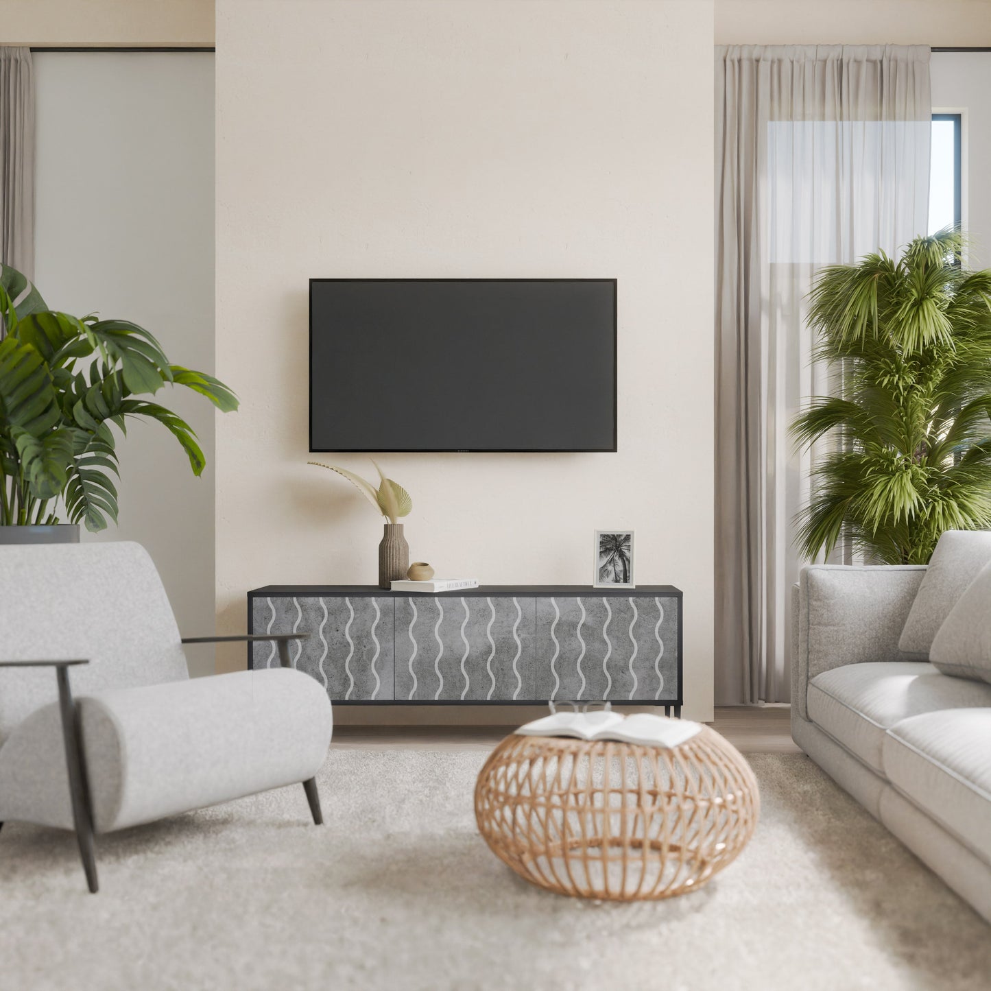 WAVES OF CONCRETE 3-Door TV Stand in Black Finish