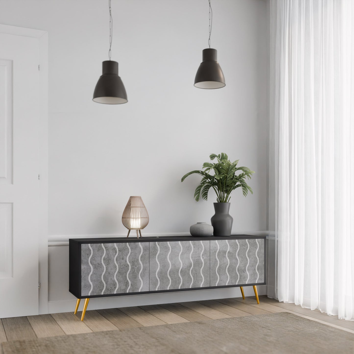 WAVES OF CONCRETE 3-Door TV Stand in Black Finish
