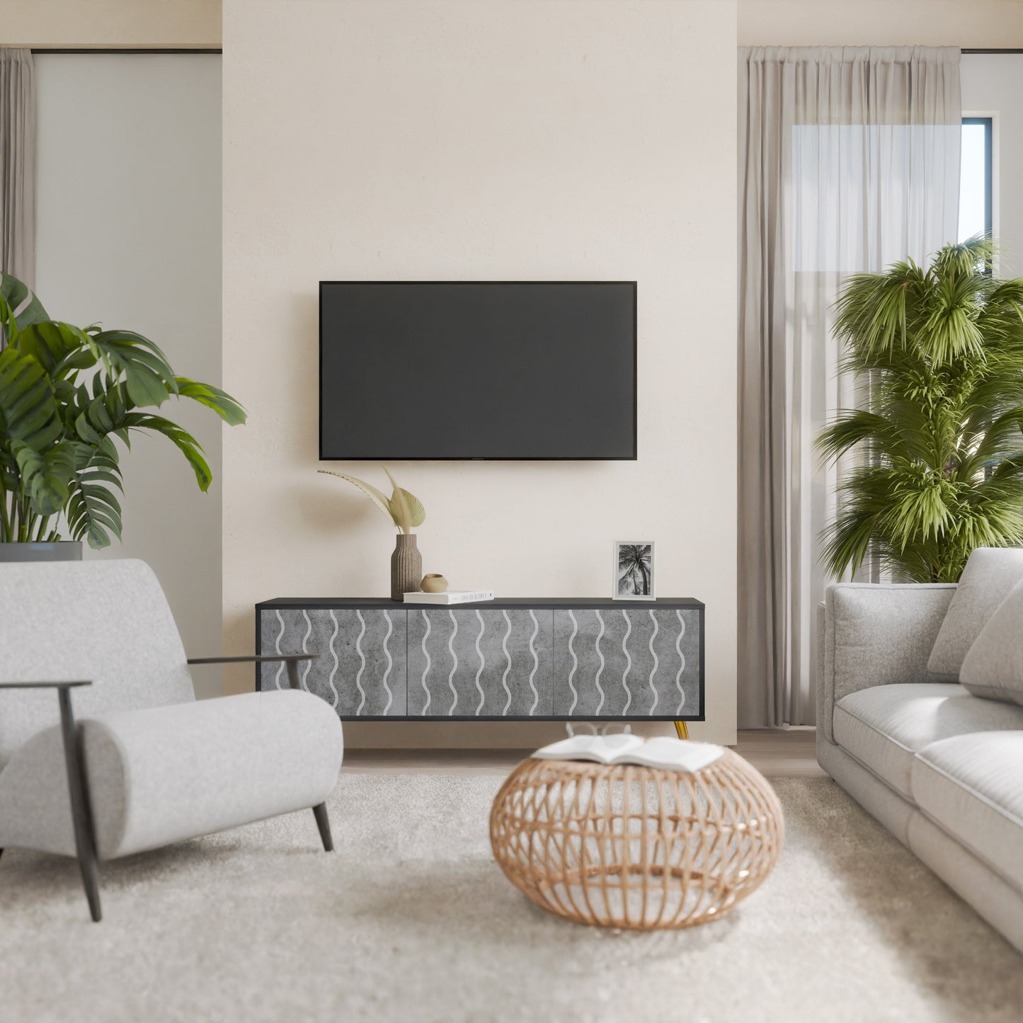 WAVES OF CONCRETE 3-Door TV Stand in Black Finish