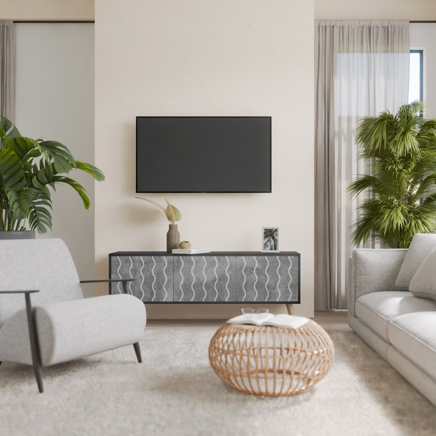 WAVES OF CONCRETE 3-Door TV Stand in Black Finish