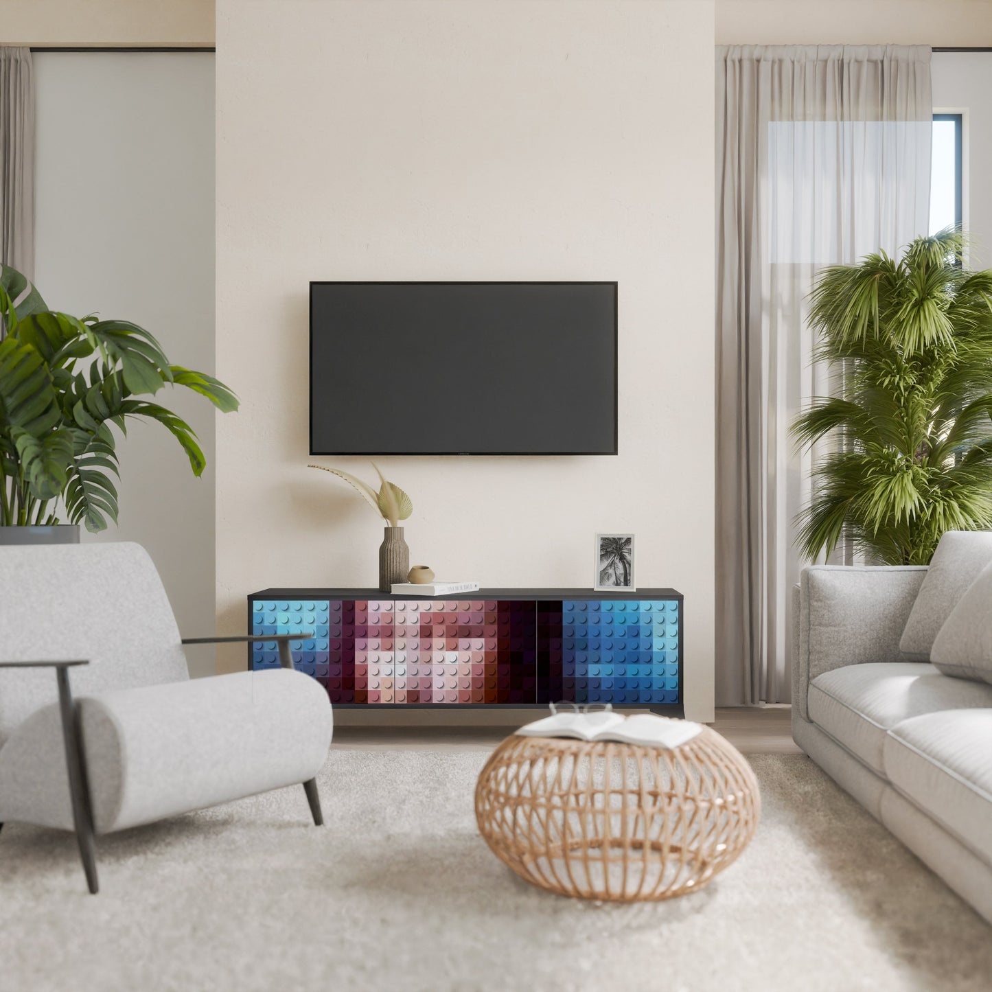 CONSTRUCTIVE ART 3-Door TV Stand in Black Finish