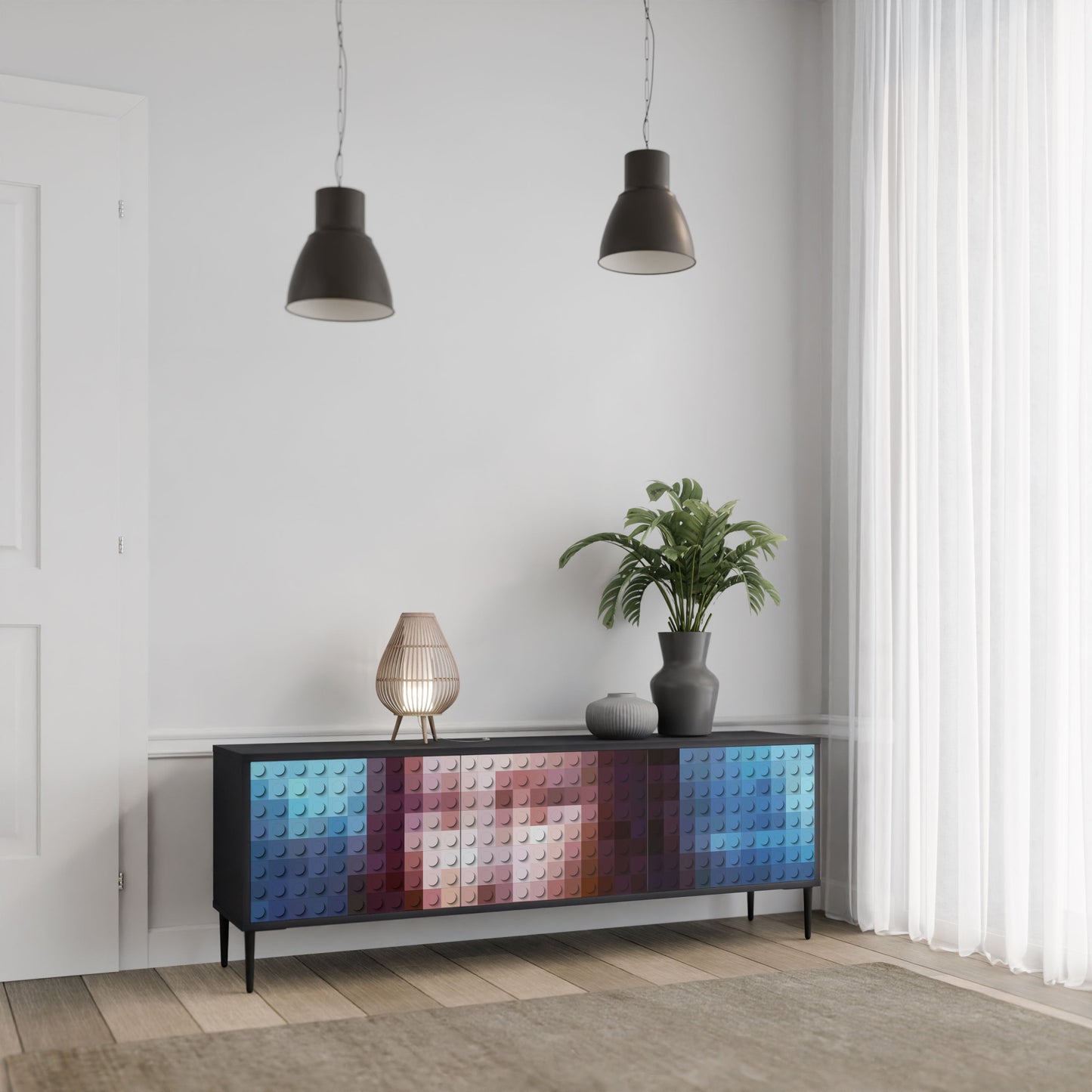 CONSTRUCTIVE ART 3-Door TV Stand in Black Finish