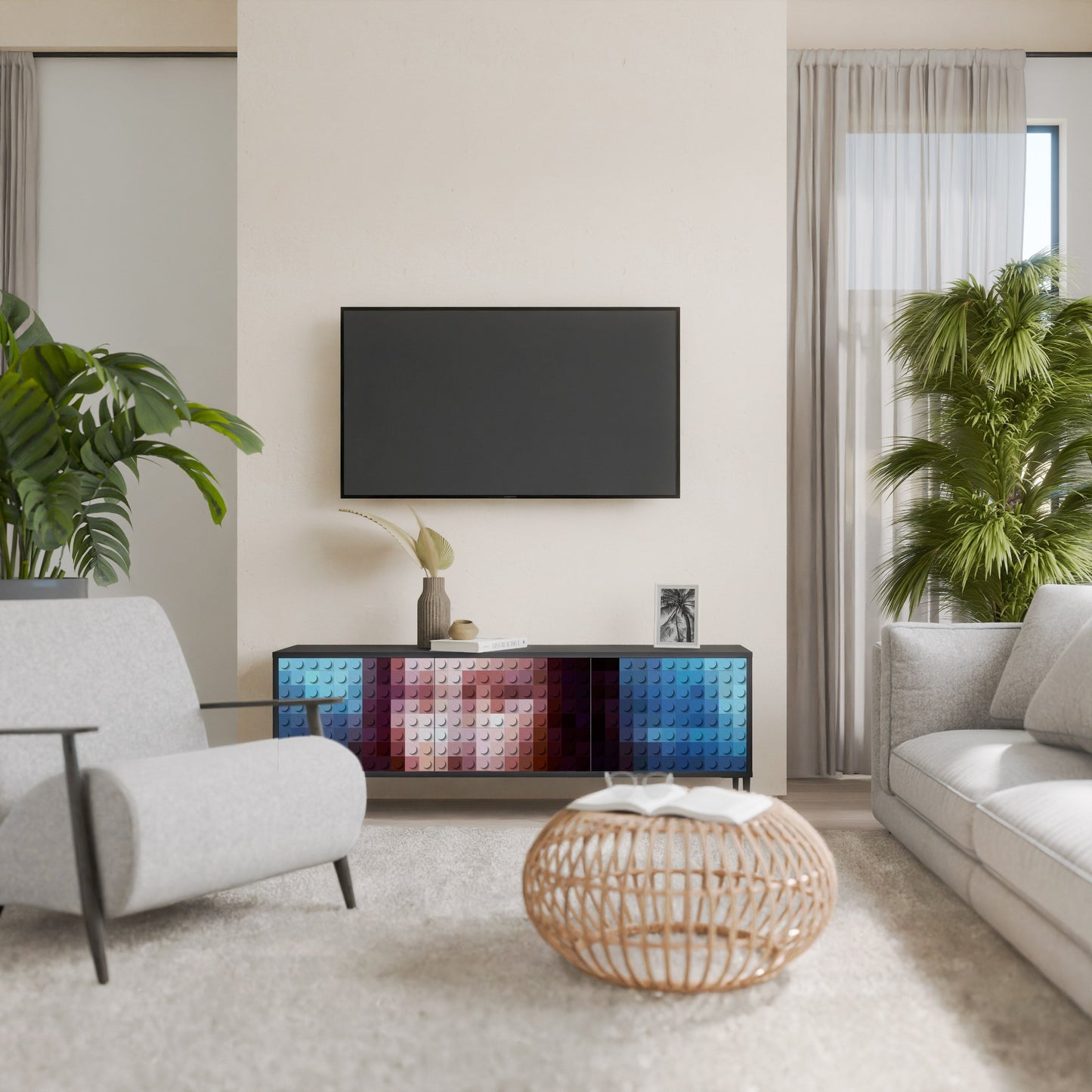 CONSTRUCTIVE ART 3-Door TV Stand in Black Finish