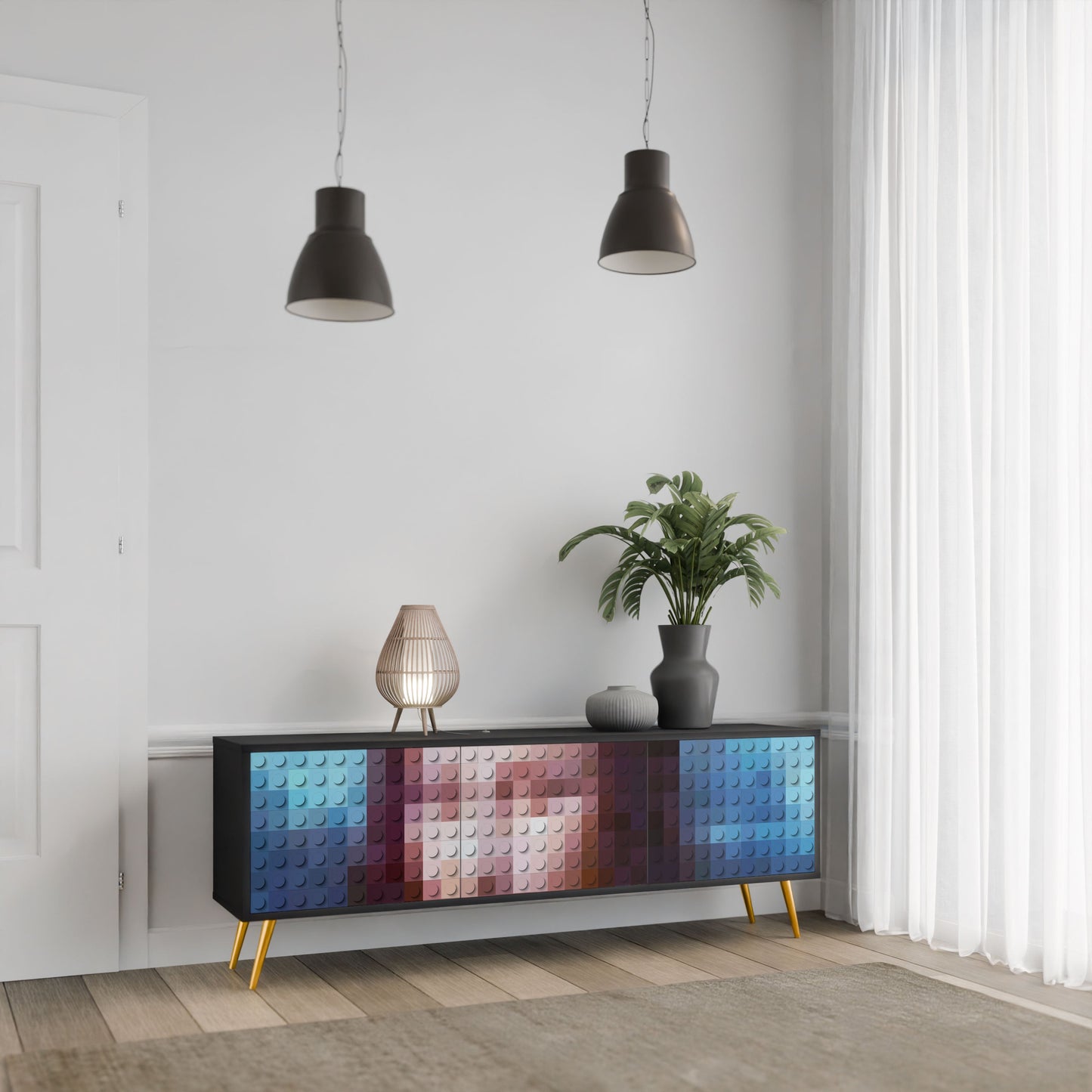 CONSTRUCTIVE ART 3-Door TV Stand in Black Finish