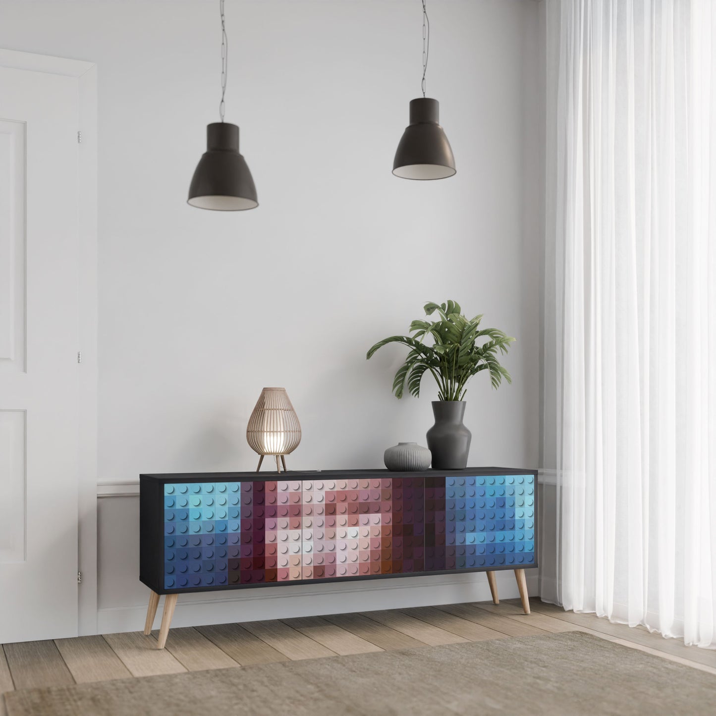 CONSTRUCTIVE ART 3-Door TV Stand in Black Finish
