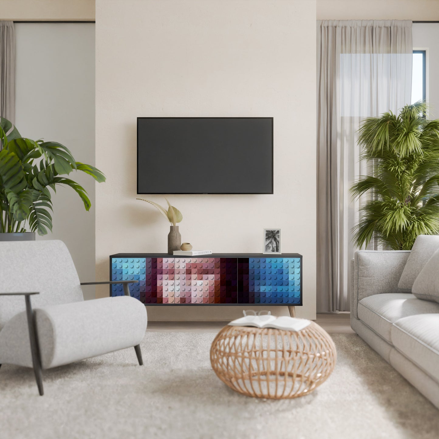 CONSTRUCTIVE ART 3-Door TV Stand in Black Finish