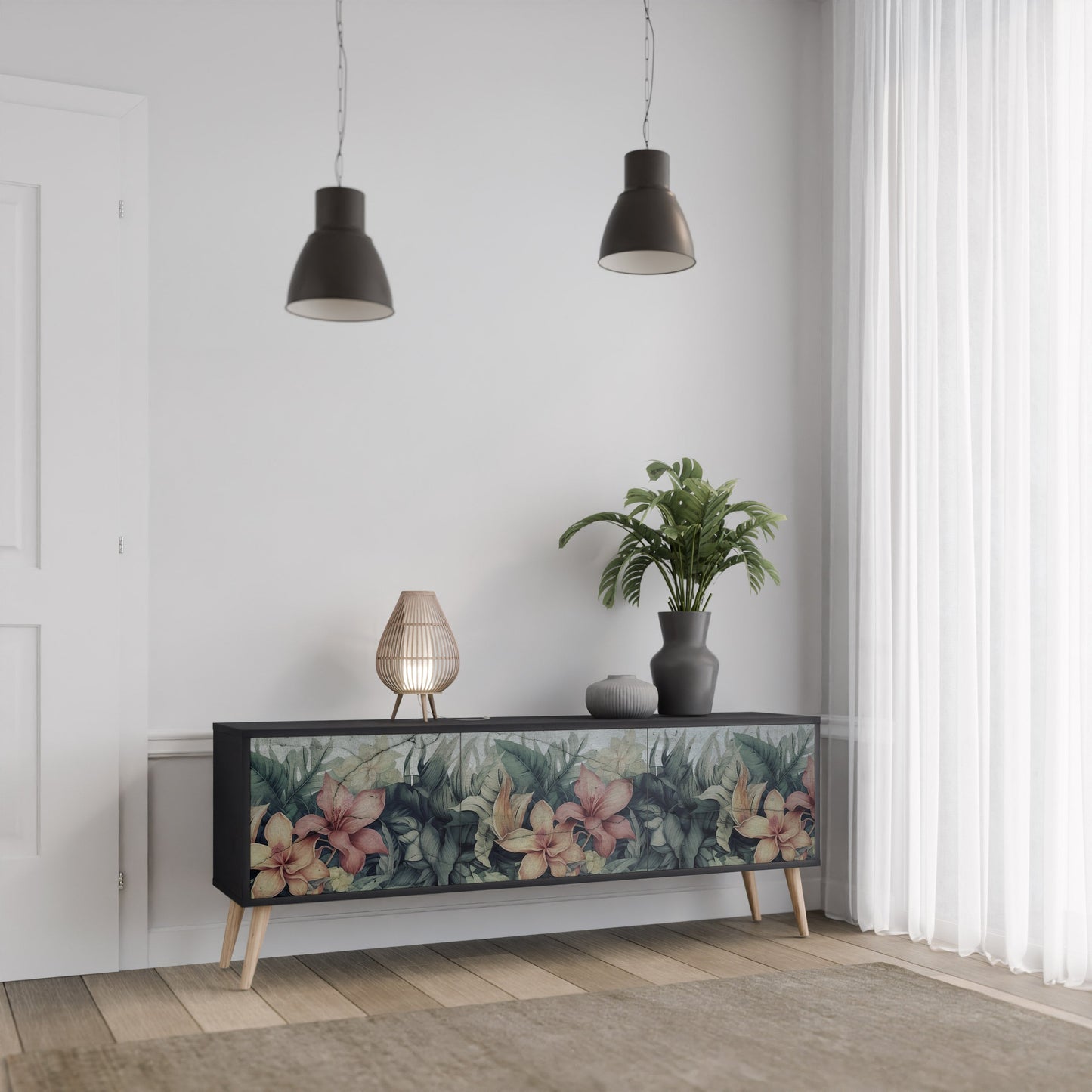 Mobile TV HEAVENLY BLOOM a 3 ante con finitura nera