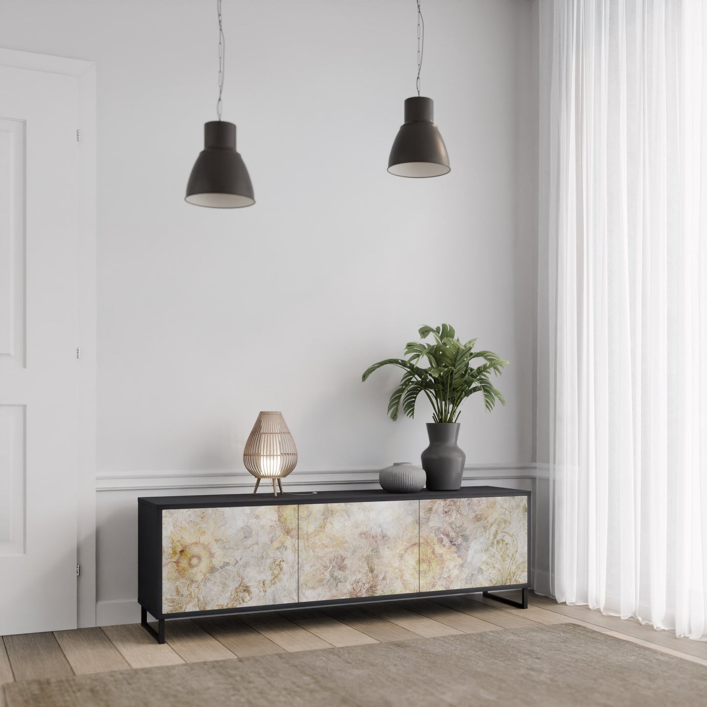 SUNFLOWER BLUR 3-Door TV Stand in Black Finish