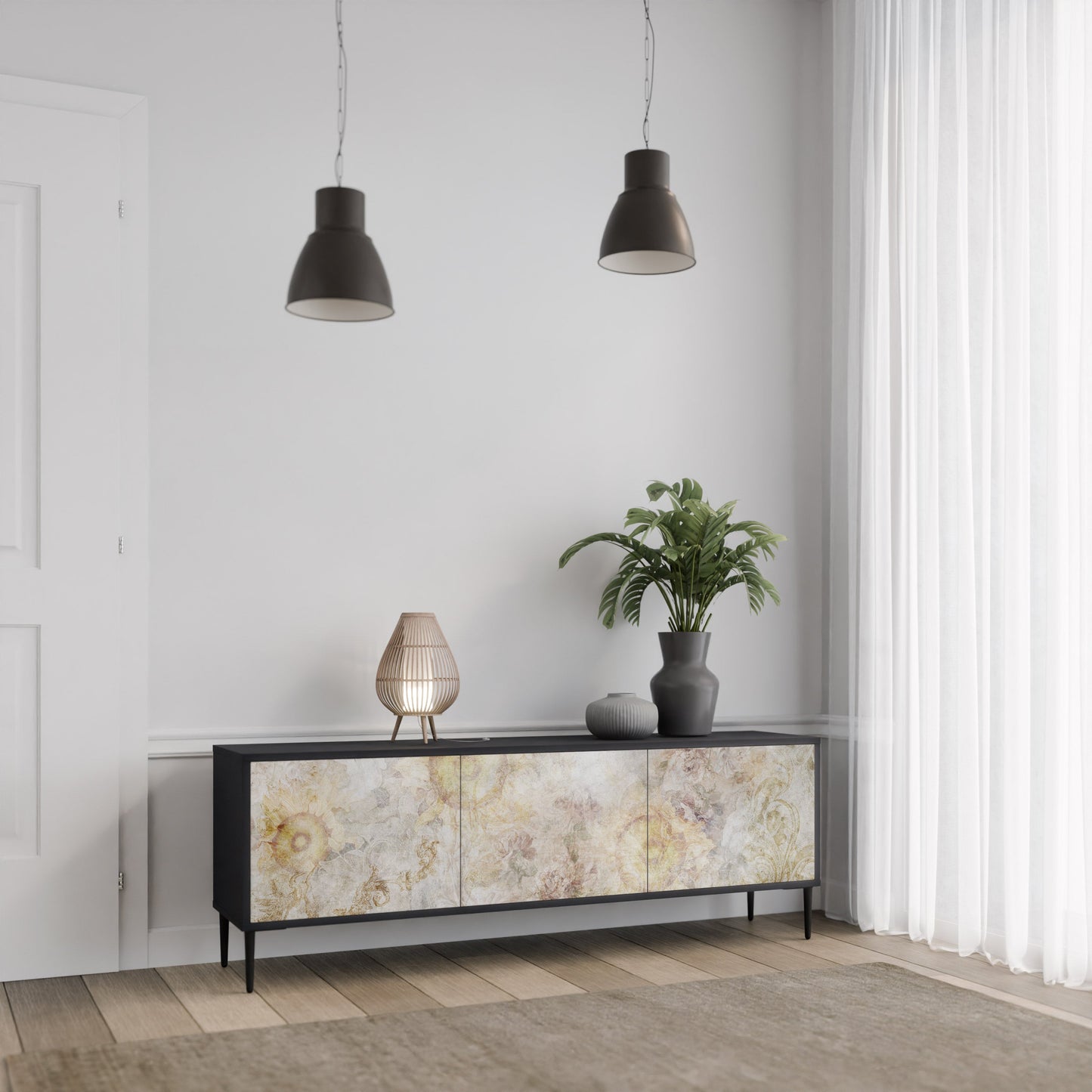 SUNFLOWER BLUR 3-Door TV Stand in Black Finish
