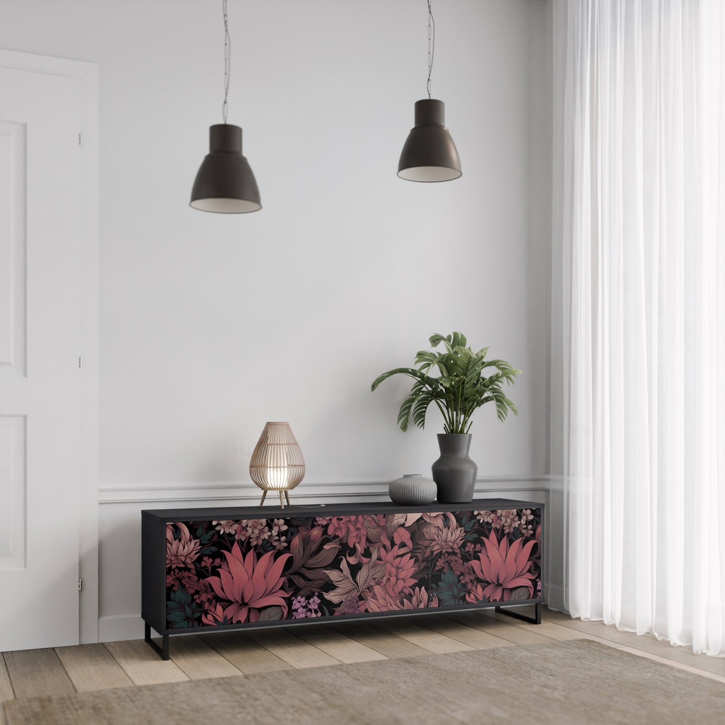 Mobile TV a 3 ante FLORAL WHISPER in finitura nera