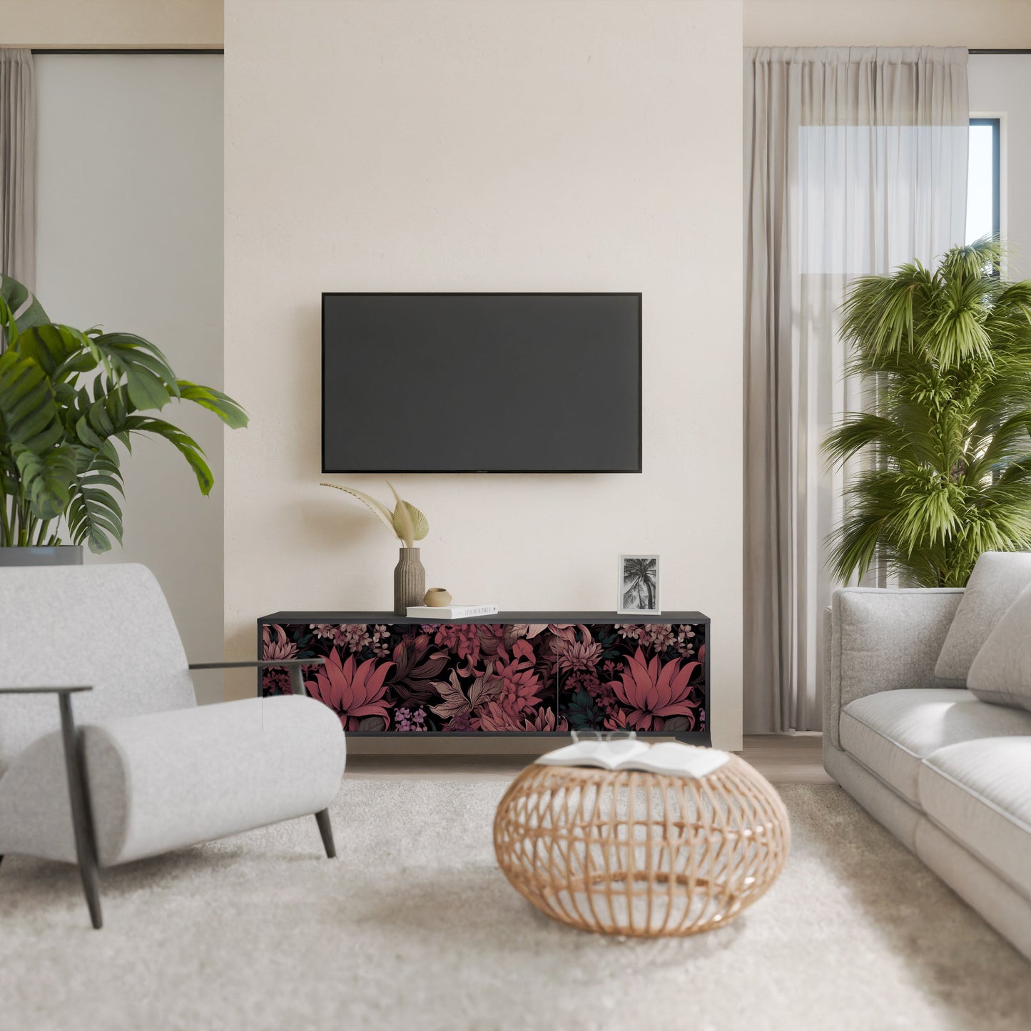 Mobile TV a 3 ante FLORAL WHISPER in finitura nera