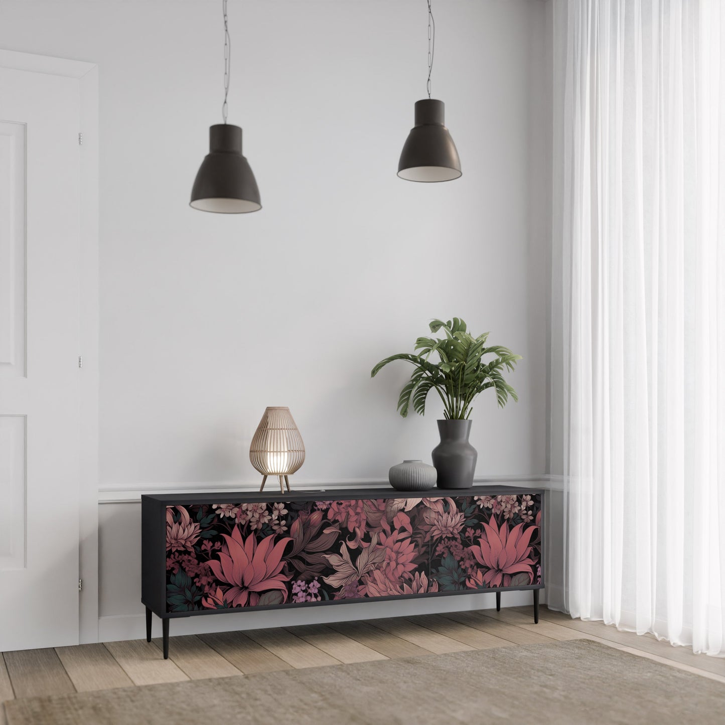 Mobile TV a 3 ante FLORAL WHISPER in finitura nera