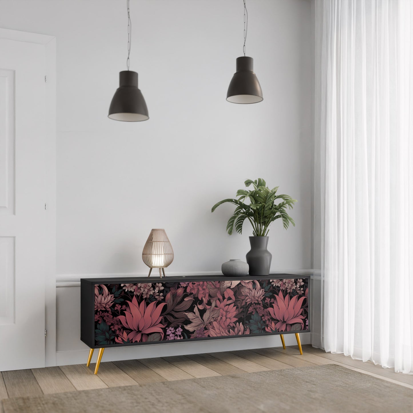 Mobile TV a 3 ante FLORAL WHISPER in finitura nera