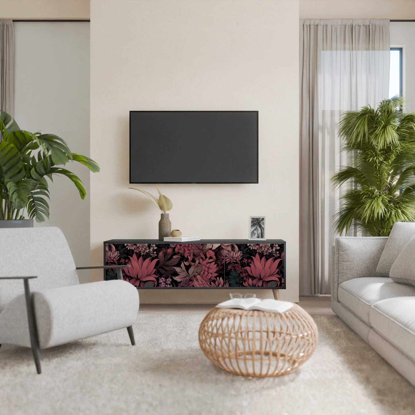 Mobile TV a 3 ante FLORAL WHISPER in finitura nera