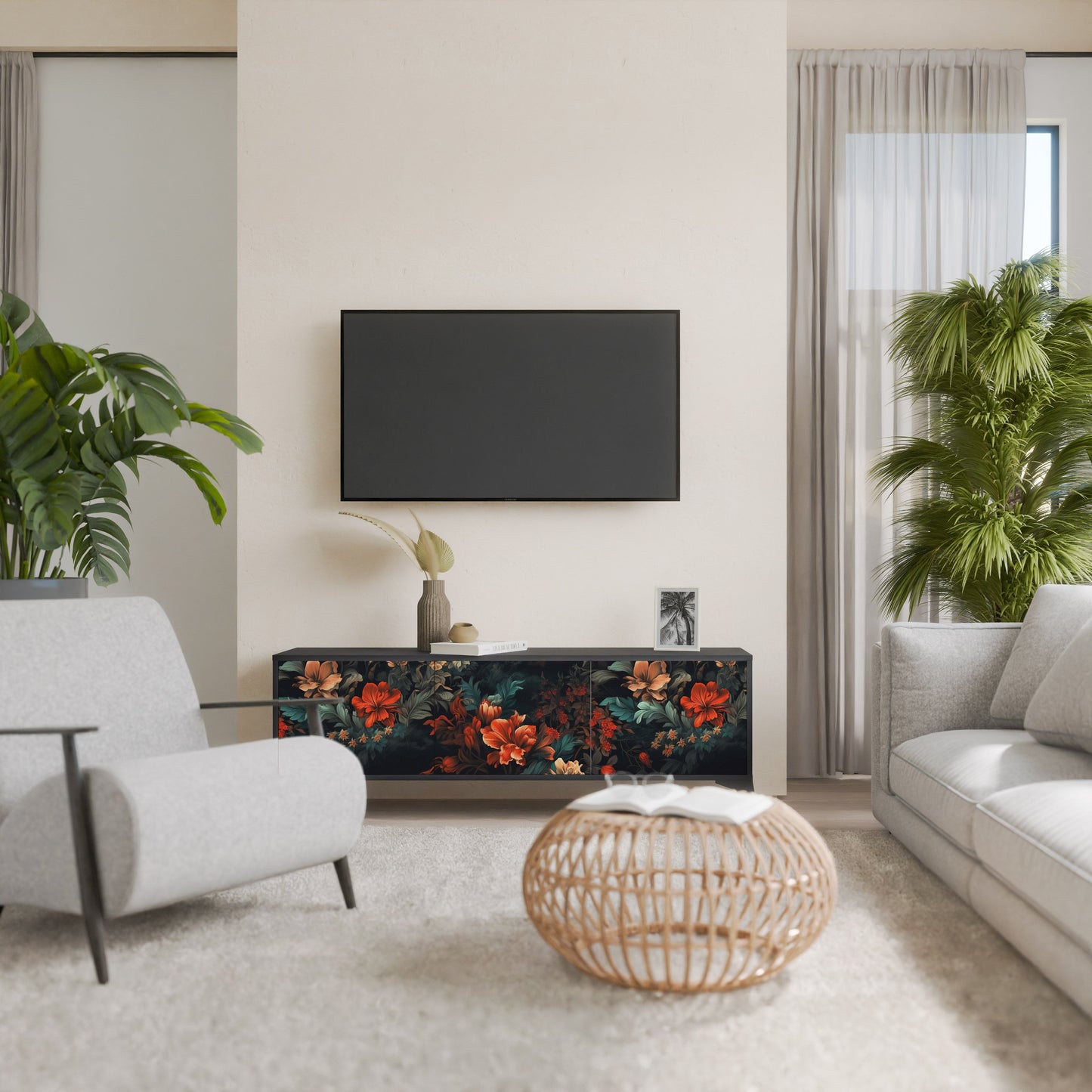 Mobile TV IMAGINARY BLOSSOM a 3 ante con finitura nera
