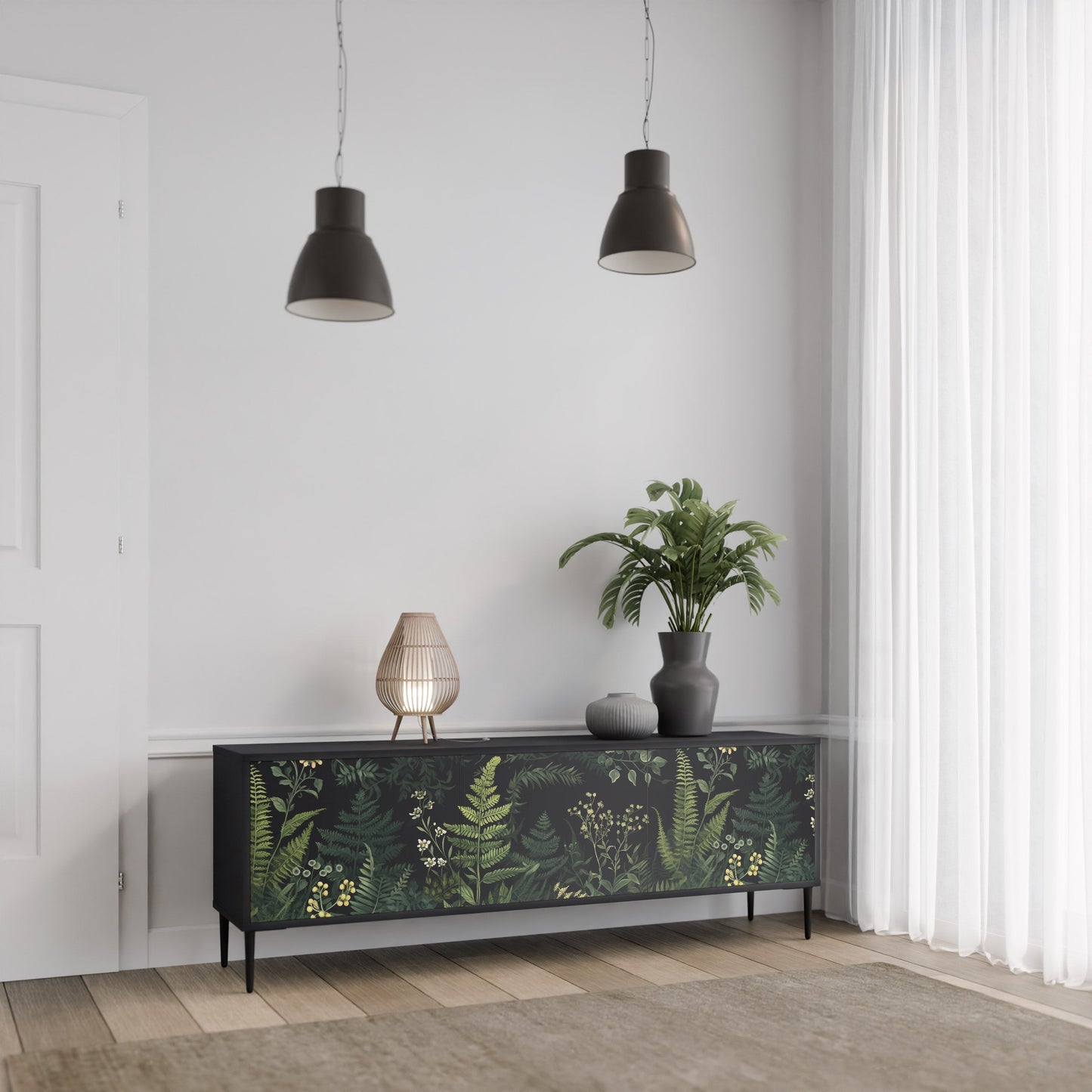 Mobile TV a 3 ante FERN FLOWERS in finitura nera