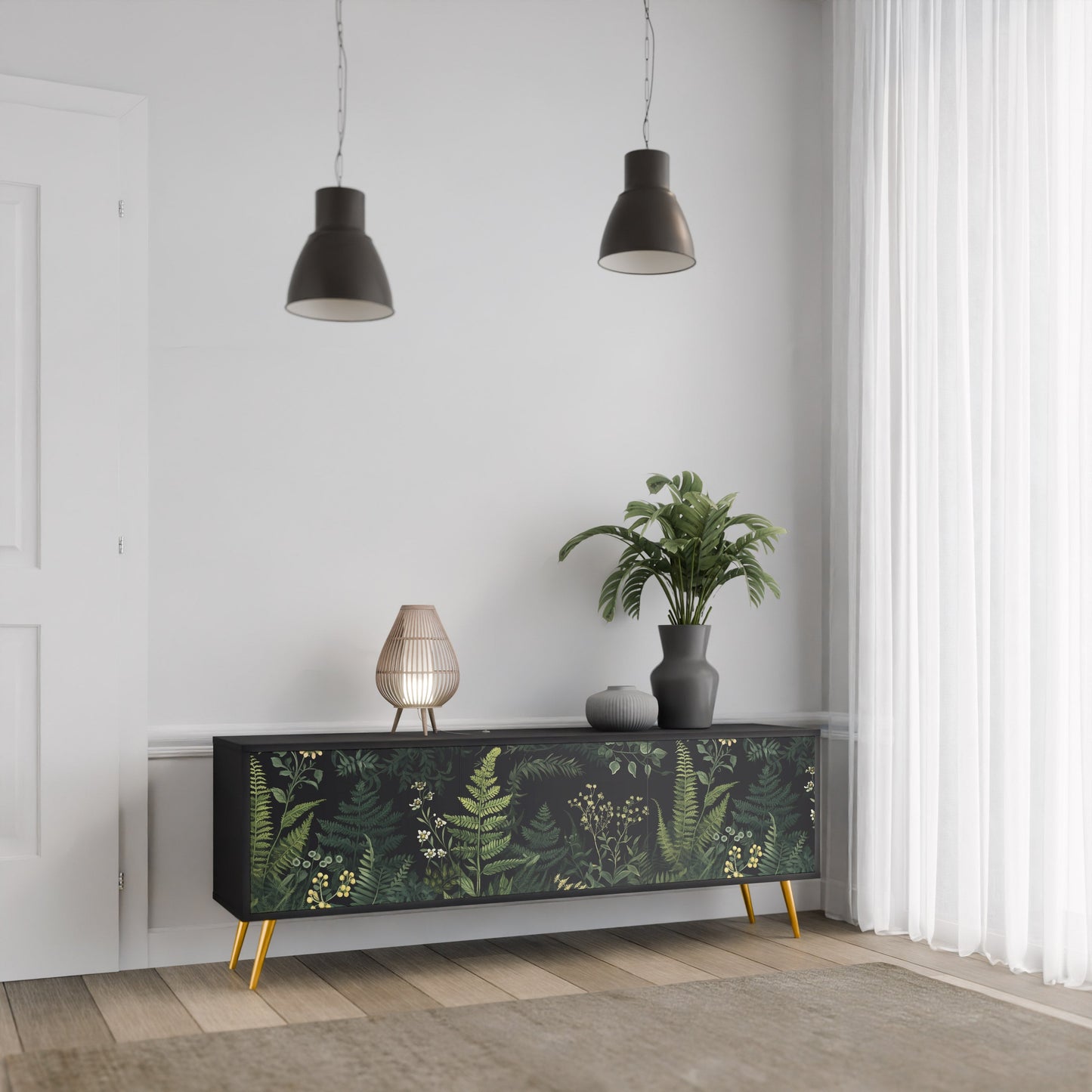 Mobile TV a 3 ante FERN FLOWERS in finitura nera