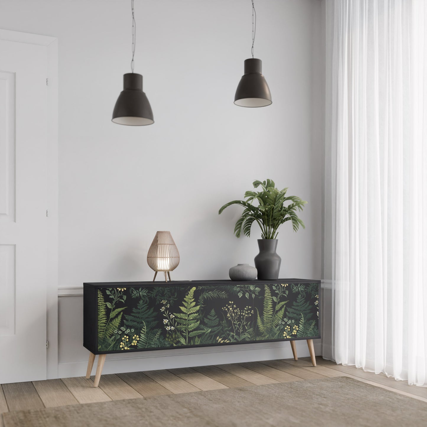 Mobile TV a 3 ante FERN FLOWERS in finitura nera