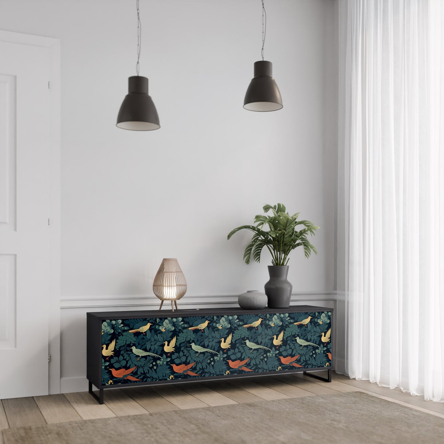 Mobile TV FOWL ORNAMENT a 3 ante con finitura nera