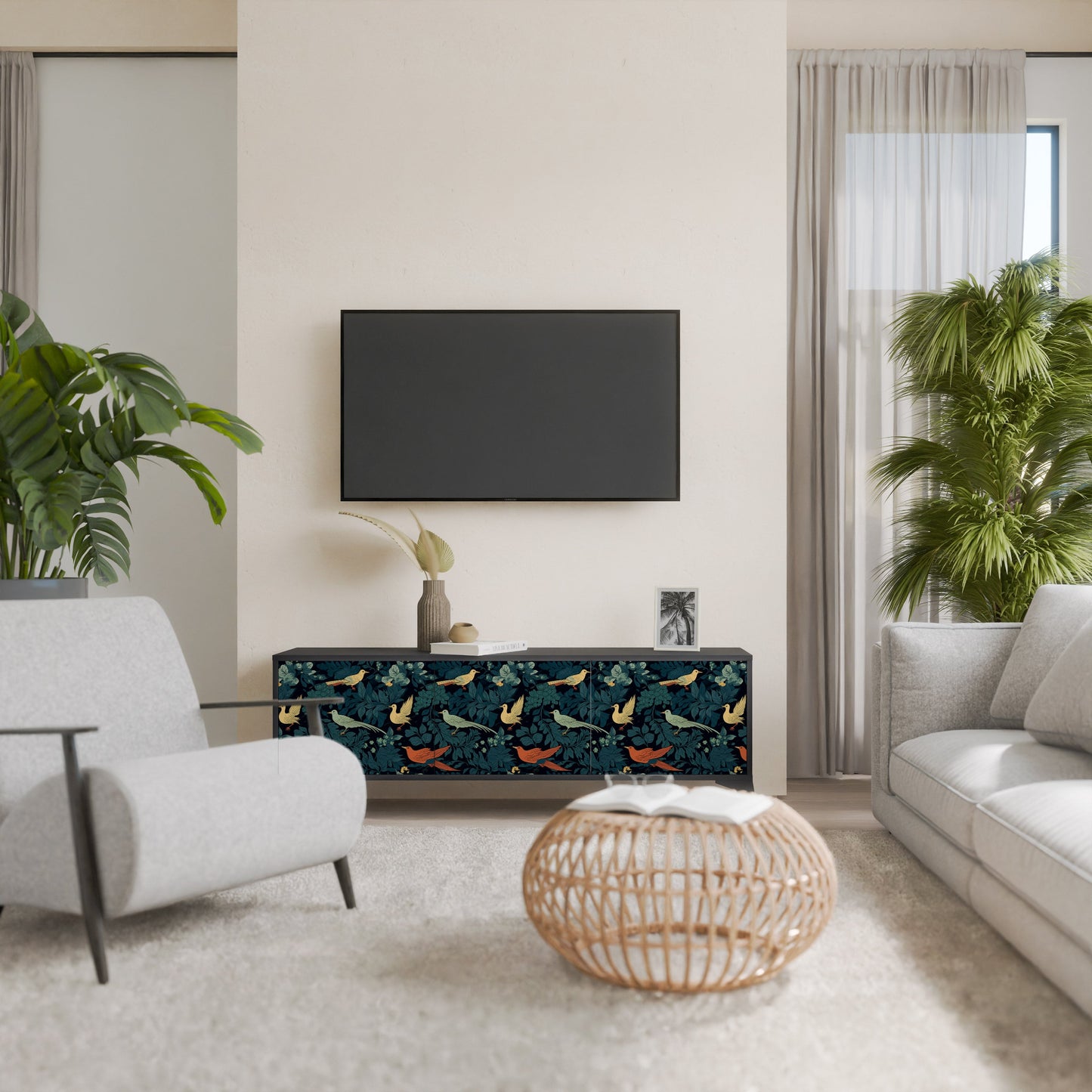 Mobile TV FOWL ORNAMENT a 3 ante con finitura nera