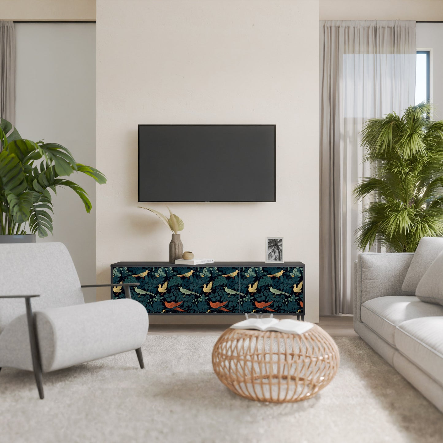 Mobile TV FOWL ORNAMENT a 3 ante con finitura nera