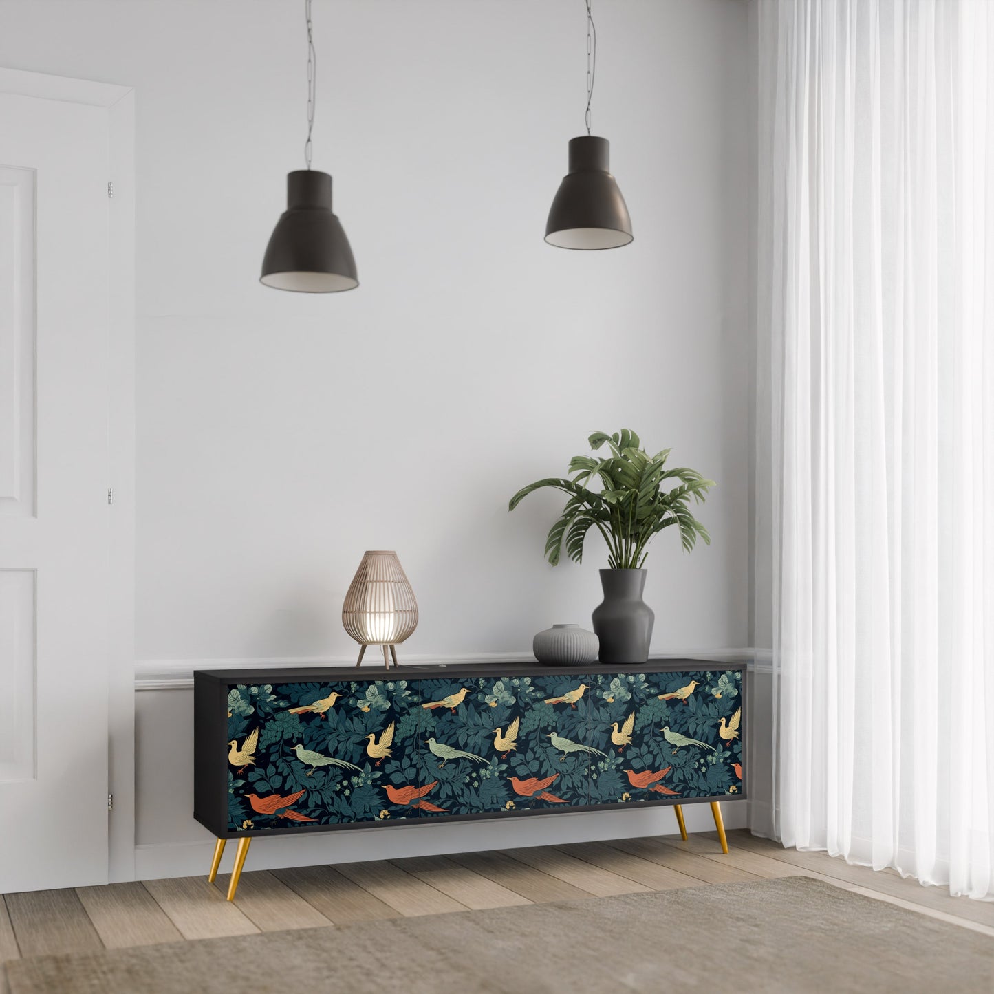 Mobile TV FOWL ORNAMENT a 3 ante con finitura nera