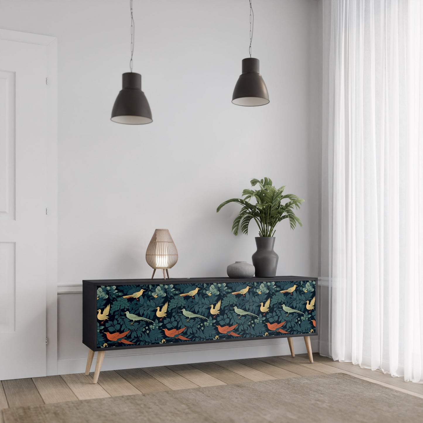 Mobile TV FOWL ORNAMENT a 3 ante con finitura nera