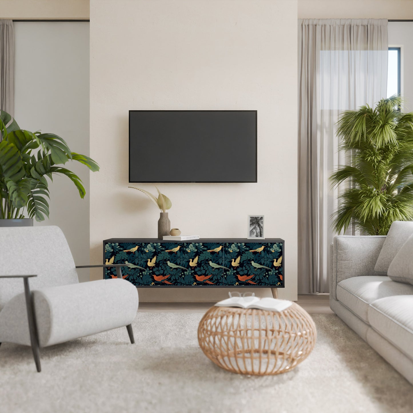 Mobile TV FOWL ORNAMENT a 3 ante con finitura nera