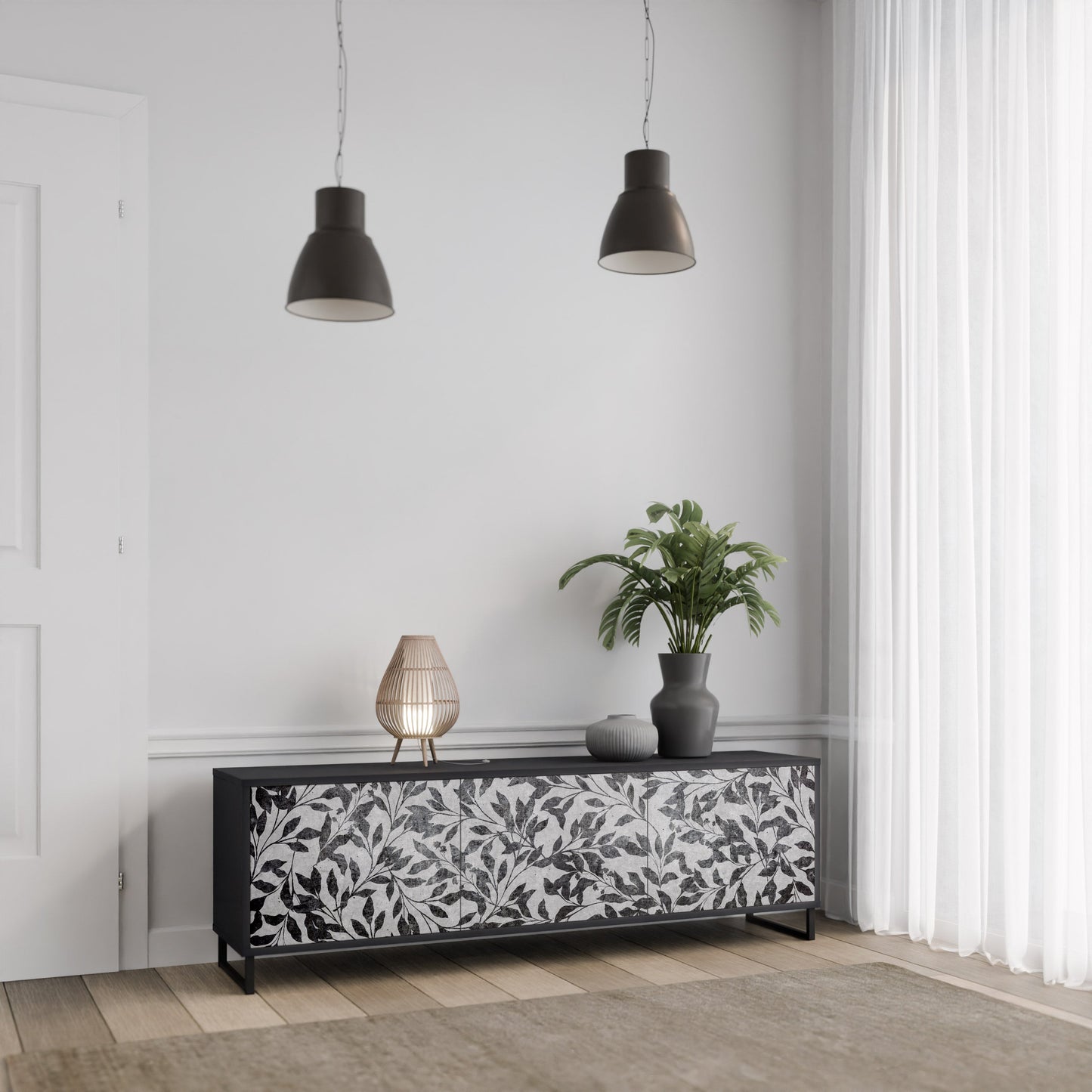 Mobile TV CHARCOAL SPROUT a 3 ante con finitura nera