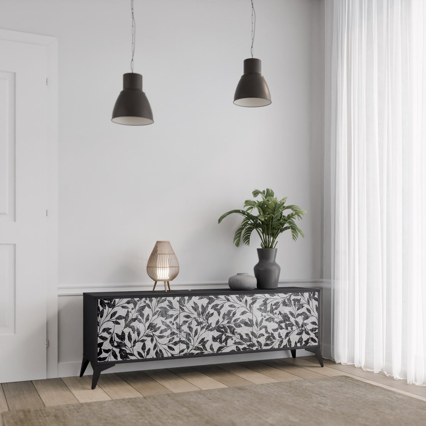 Mobile TV CHARCOAL SPROUT a 3 ante con finitura nera