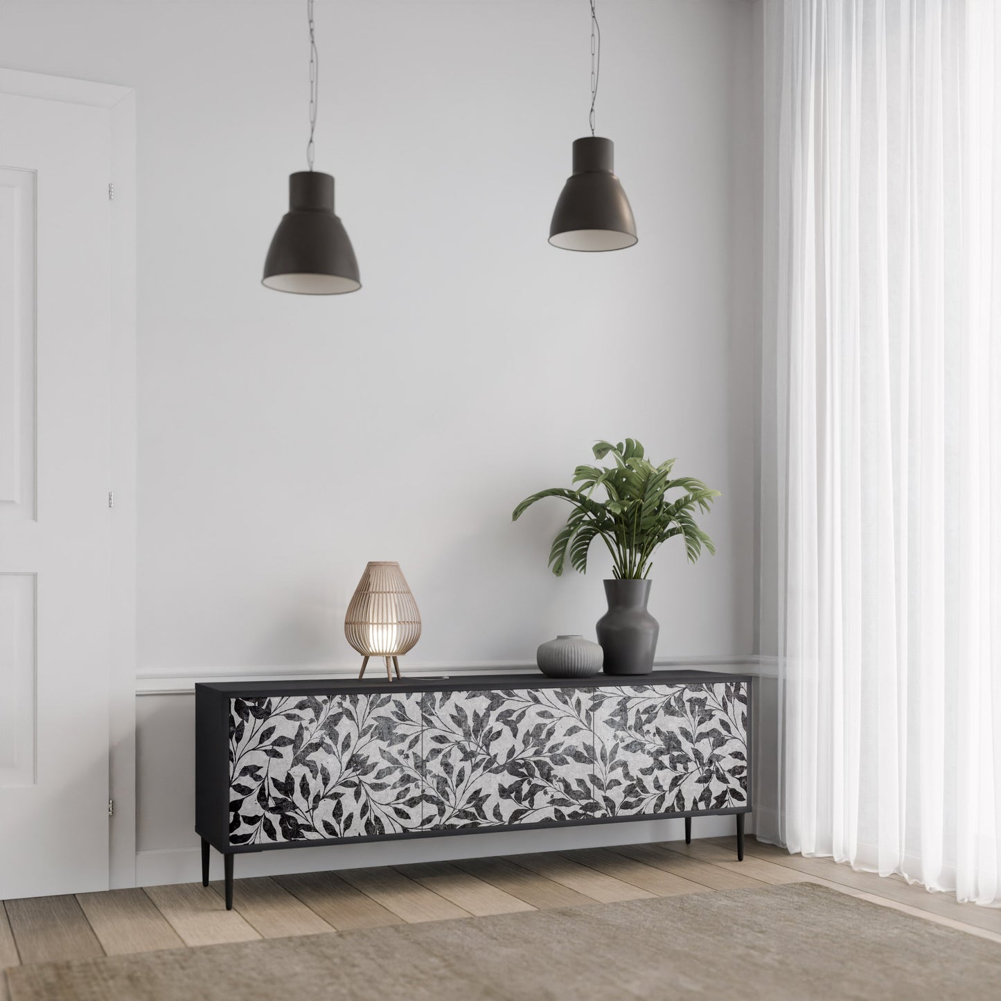 Mobile TV CHARCOAL SPROUT a 3 ante con finitura nera