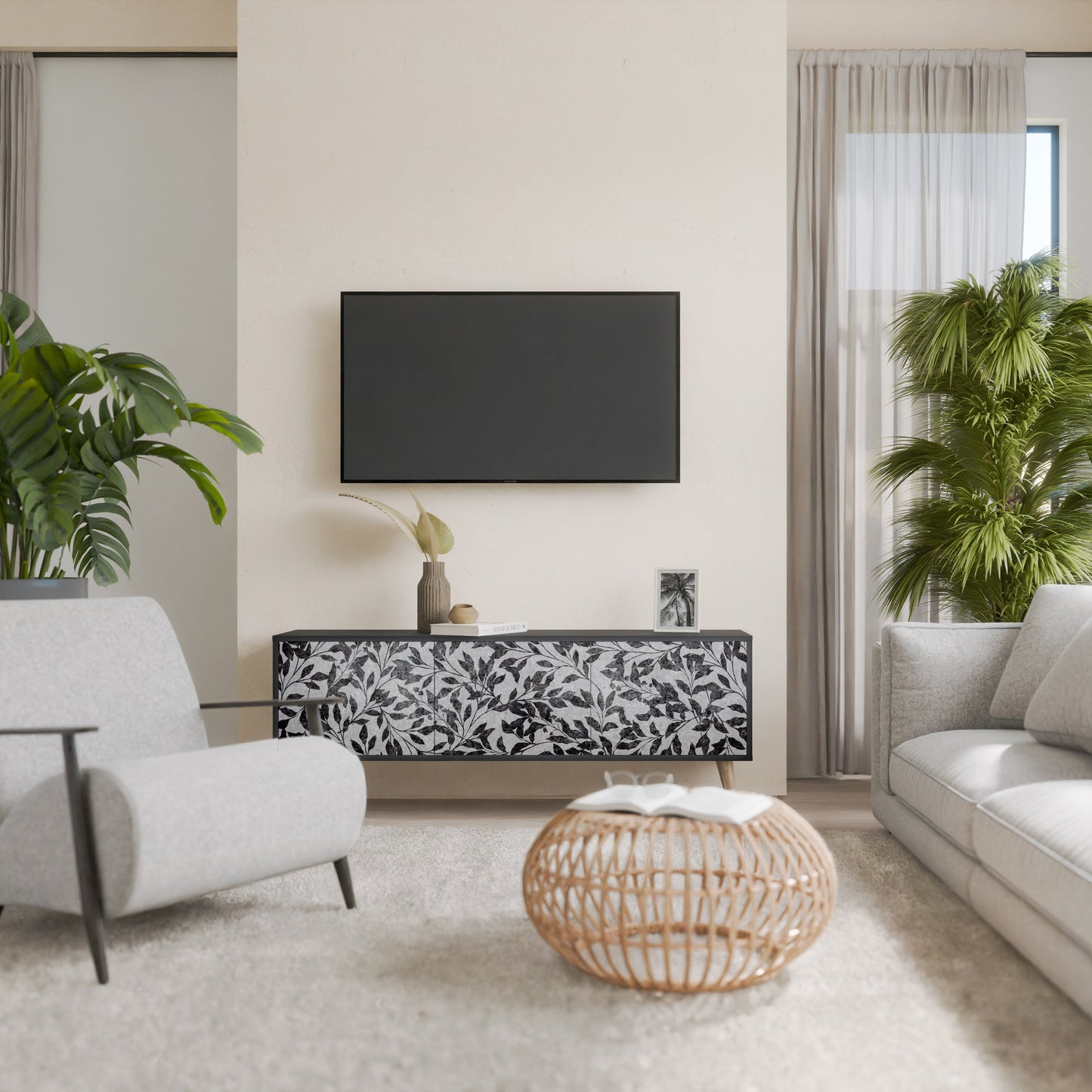 Mobile TV CHARCOAL SPROUT a 3 ante con finitura nera